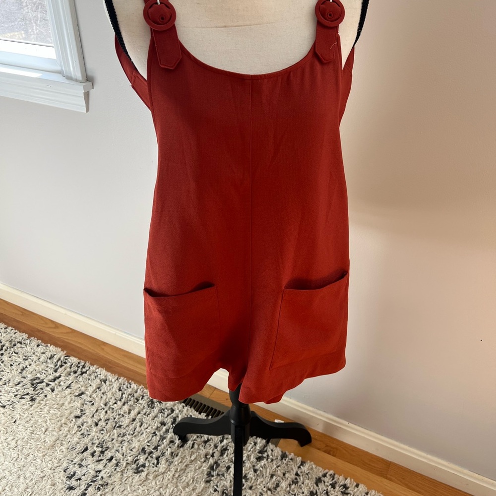 Rust Red Sleeveless Romper with Pockets